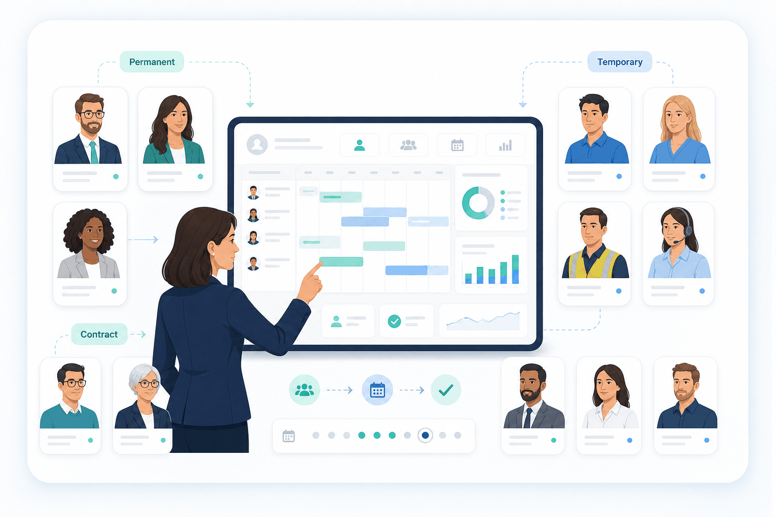 Workforce solutions visual with scalable staffing, candidate profiles and workforce management